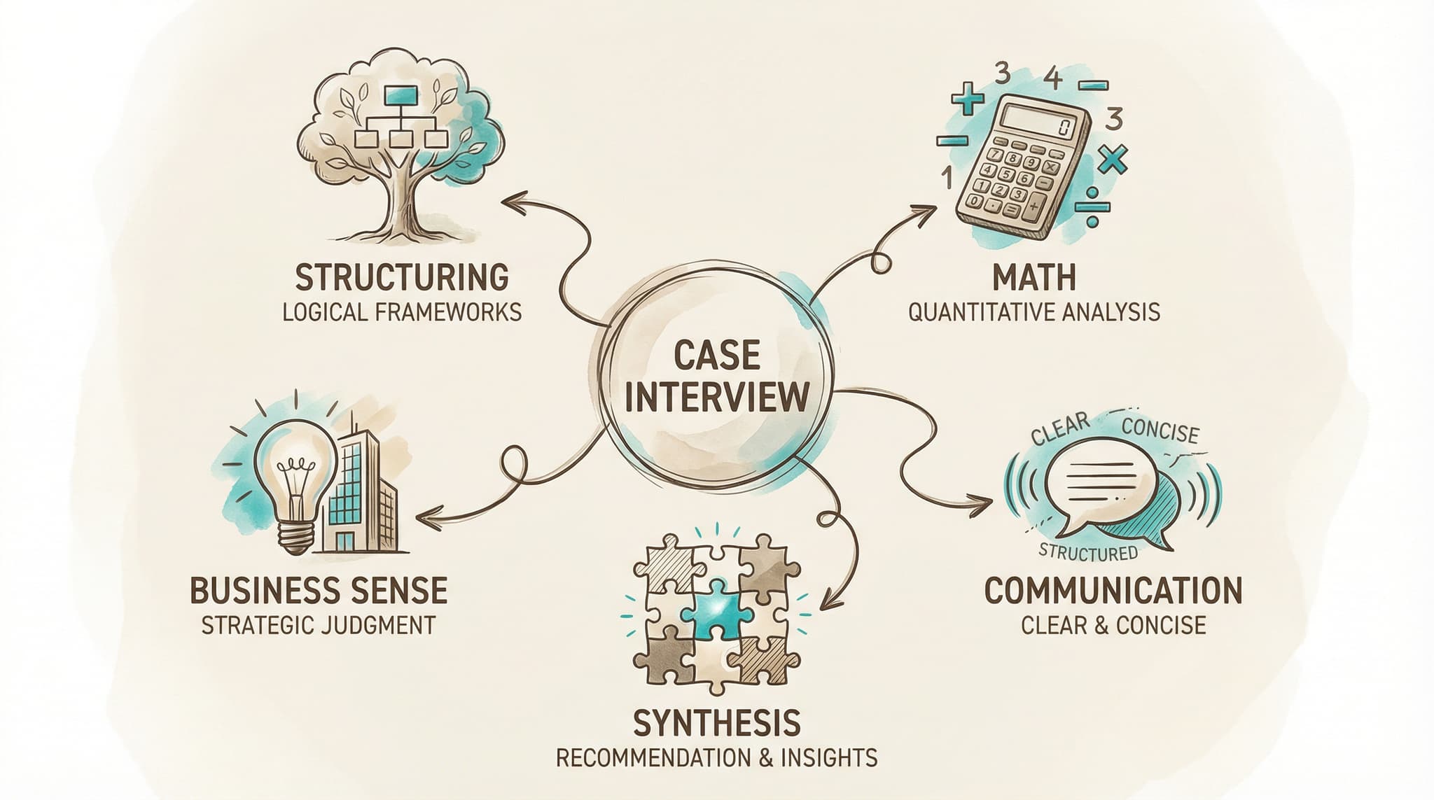 The 6 core skills tested in case interviews: Structuring, Mental Math, Business Sense, Communication, Synthesis, and Creativity