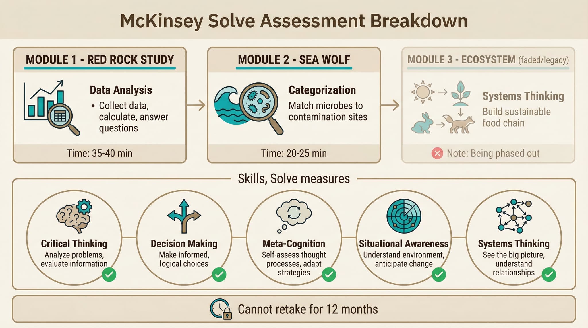 McKinsey Solve Assessment modules: Red Rock Study, Sea Wolf, and scoring dimensions