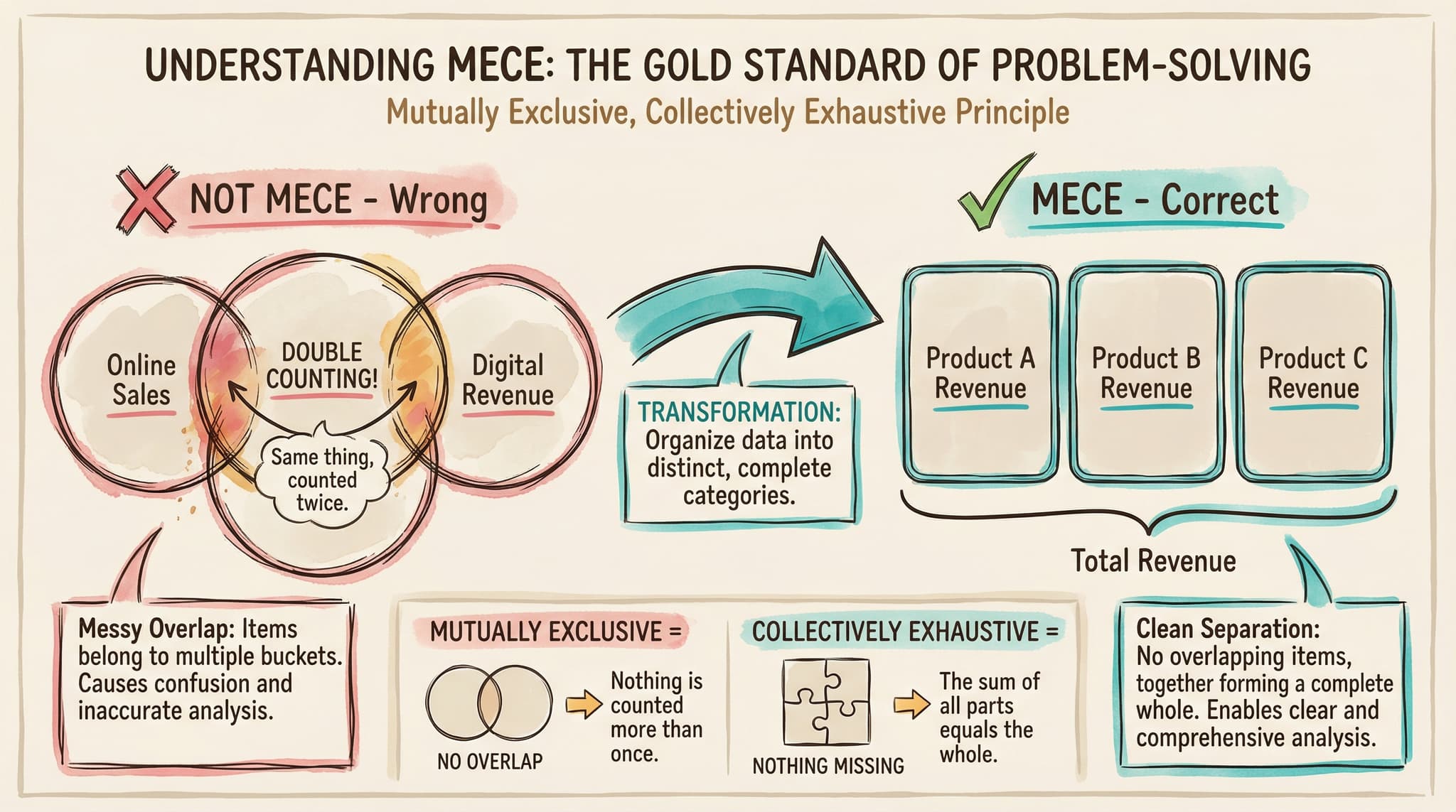 MECE Diagram: Left side shows overlapping categories (not MECE), right side shows clean non-overlapping categories that cover everything (MECE)