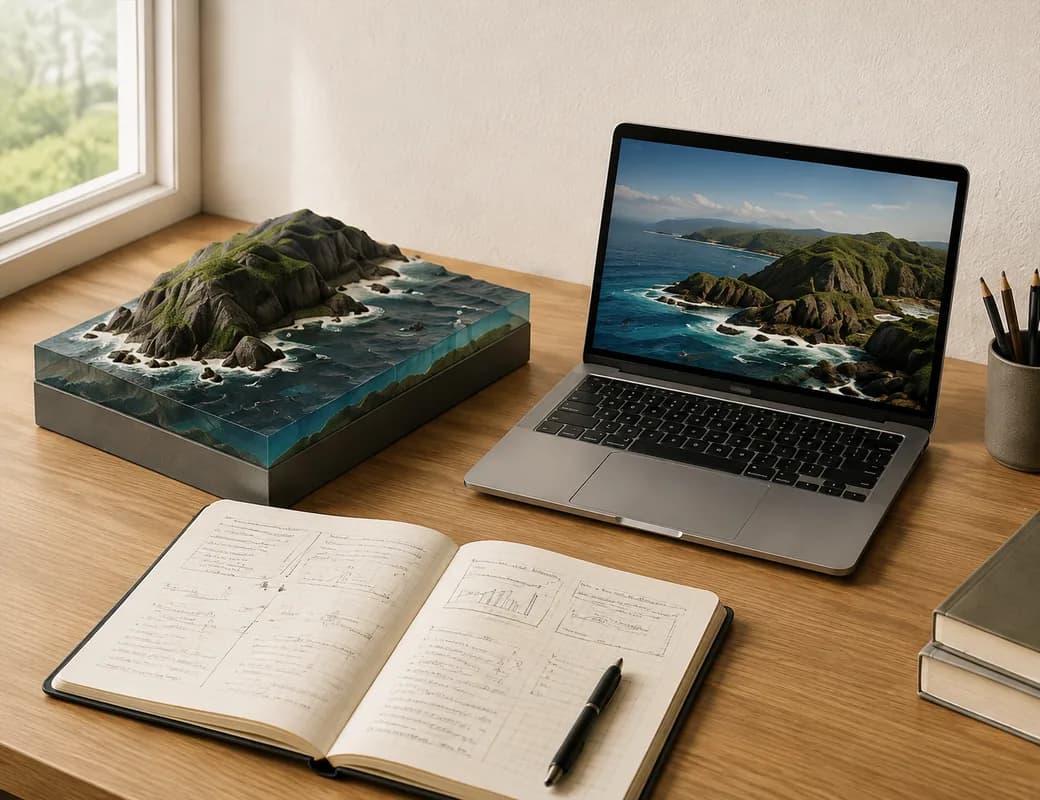 A practice desk with a notebook and an illustrated ocean terrain model